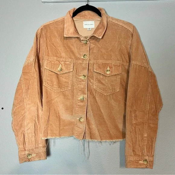 American Eagle Outfitters Corduroy Utility Shirt Jacket Cropped Medium Peach Tan - Picture 4 of 6